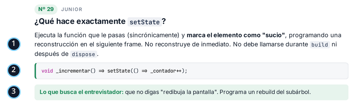 Página de la guía, pregunta 29: ¿Qué hace exactamente setState? Una respuesta modelo, un ejemplo de código de una línea y la nota Lo que busca el entrevistador: que no digas "redibuja la pantalla". Programa un rebuild del subárbol.