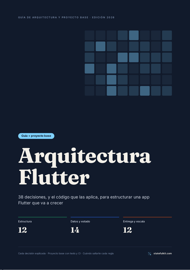 Portada de la guía Arquitectura Flutter, edición en español: 38 decisiones, y el código que las aplica, para estructurar una app Flutter que va a crecer.