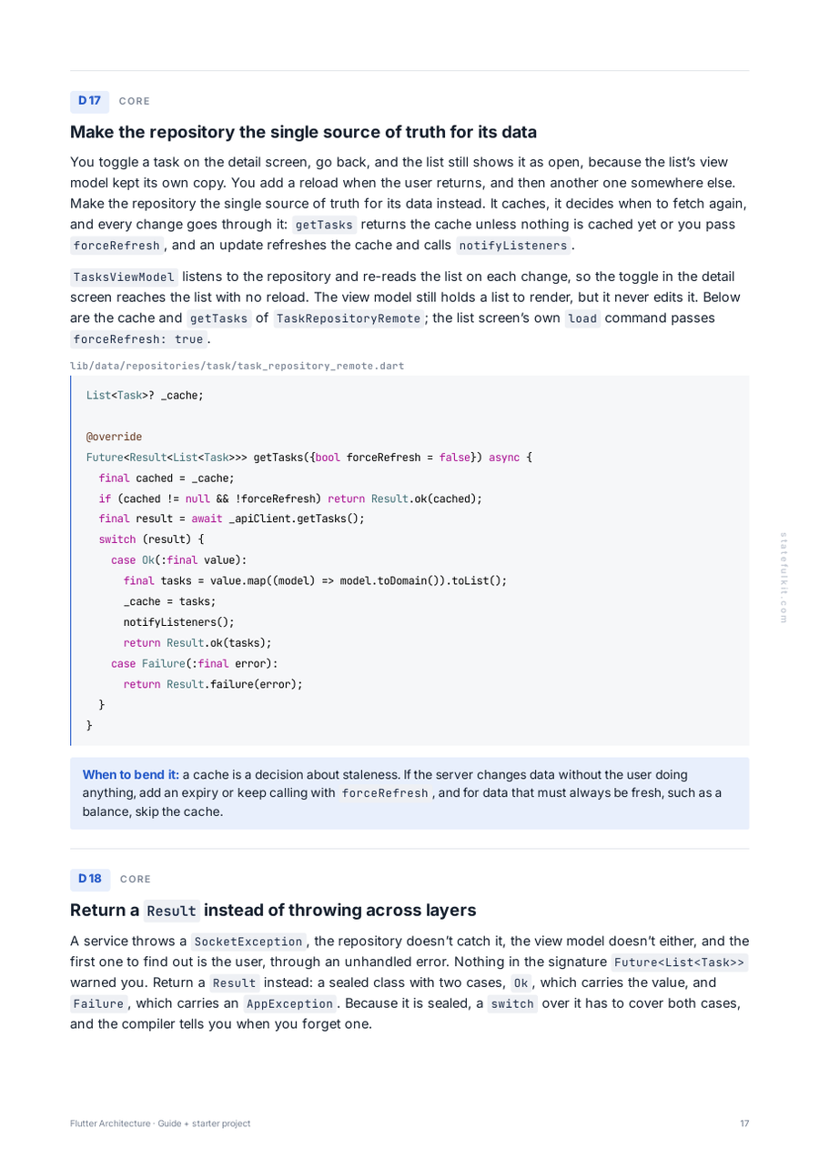 Page 17 of the guide: decision 17, Make the repository the single source of truth for its data, with the cache code of TaskRepositoryRemote, and decision 18, Return a Result instead of throwing across layers.
