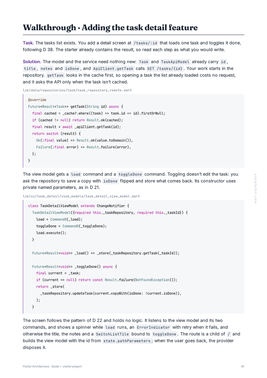 Page 41 of the guide: Walkthrough, Adding the task detail feature, with the getTask repository method and the TaskDetailViewModel code.