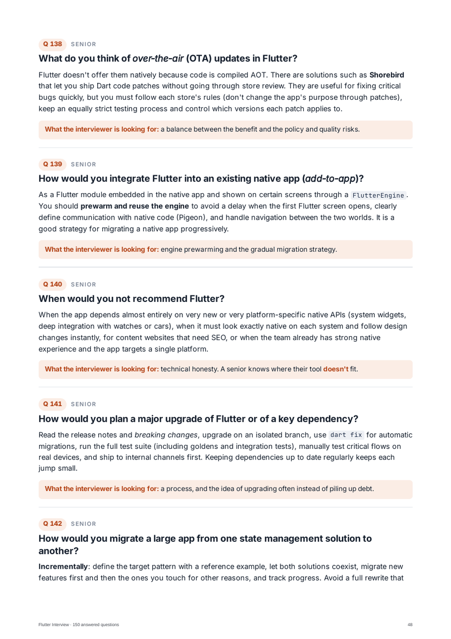 Guide page, Senior level. Q138: what do you think of over-the-air updates in Flutter, with the answer and what the interviewer is looking for. Q139 on add-to-app and Q140 on when not to recommend Flutter follow.